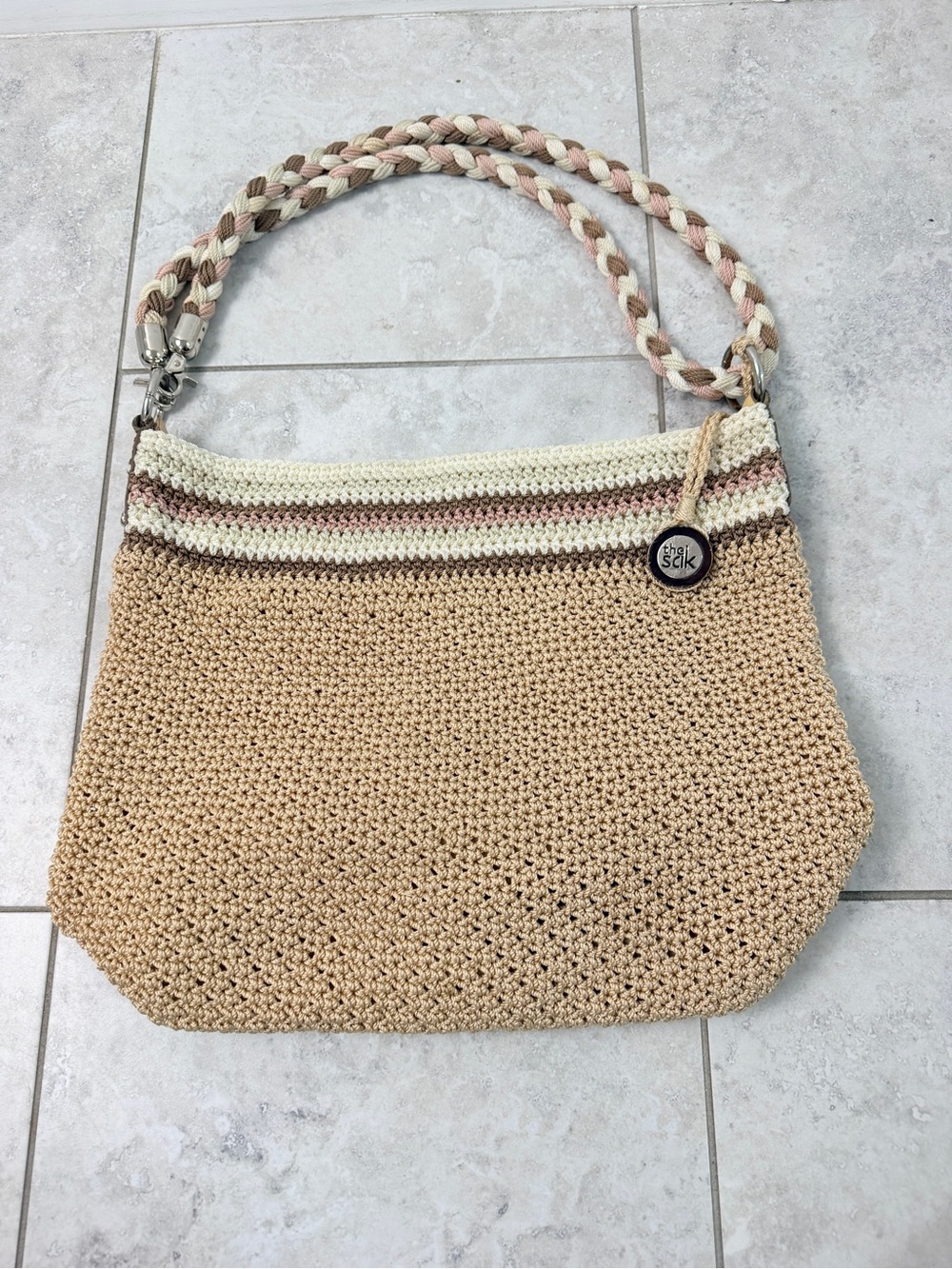 The Sak Crochet Knit Hobo Shoulder Bag Beige Boho Woven Purse Braided Strap